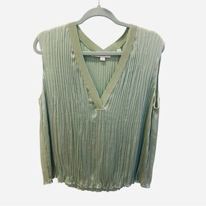NEW VINCE Crushed Sleeveless Double V-neck Blouse Top Large Tea Green Satin​